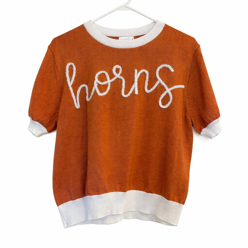 Queen of Sparkles Orange Short Sleeve Sweater with White Trim, horns is sparkly - Picture 2 of 5